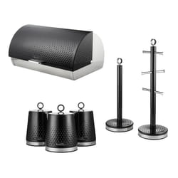 Swan Elegance Black Bread Bin Canisters Towel Pole Mug Tree Set