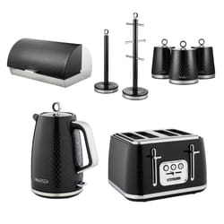 Swan Elegance Black Kettle 4 Slice Toaster Bread Bin Canister Tree Set