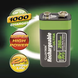 LLOYTRON NiMH Rechargeable AccuUltra Battery 9V (PP3) Size 250mAh 1 Pack â B018