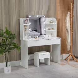 WestWood White Dressing Makeup Table Set Stool Adjust LED Mirror Shelves Drawers