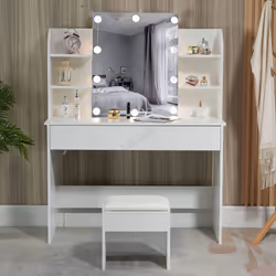 WestWood White Dressing Makeup Table Set Stool Adjust LED Mirror Shelves Drawers