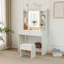 WestWood White Dressing Makeup Table Set Stool LED Mirror Hooks Adjust Shelves