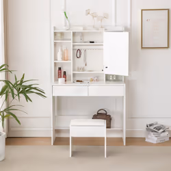WestWood White Dressing Makeup Table Set Stool LED Mirror Hooks Adjust Shelves