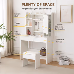 WestWood White Dressing Makeup Table Set Stool LED Mirror Hooks Adjust Shelves