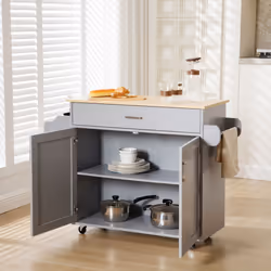 WestWood Rolling Kitchen Island Large Wood Top Storage Trolley Cabinet Drawer - Grey