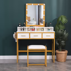 WestWood Dressing Makeup Table Set with Stool LED Mirror Drawers Side Storage - White and Golden