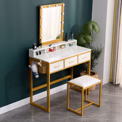 WestWood Dressing Makeup Table Set with Stool LED Mirror Drawers Side Storage - White and Golden