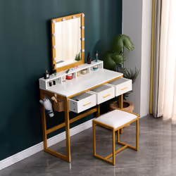WestWood Dressing Makeup Table Set with Stool LED Mirror Drawers Side Storage - White and Golden