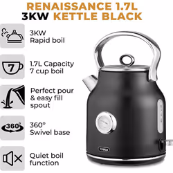 Tower Renaissance 1.7 Litre 3kW Quiet Boil Kettle & 4 Slice Toaster Matt Black