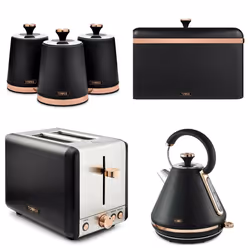 Tower Black & Rose Gold Cavaletto Pyramid Kettle 2 Toaster Bread Bin Canisters