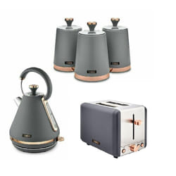 Tower Cavaletto 3kW Pyramid Kettle 2 Slice Toaster, 3 Canisters GREY & Rose Gold