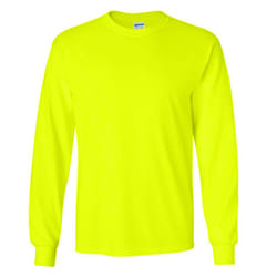 Gildan Mens Plain Crew Neck Ultra Cotton Long Sleeve T-Shirt - 2XL, New Safety Green