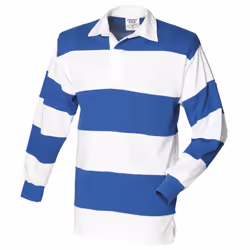 ) Front Row Sewn Stripe Long Sleeve Sports Rugby Polo Shirt - S, White & Royal (White collar