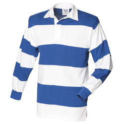 ) Front Row Sewn Stripe Long Sleeve Sports Rugby Polo Shirt - S, White & Royal (White collar
