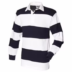 ) Front Row Sewn Stripe Long Sleeve Sports Rugby Polo Shirt - S, White & Navy (White collar