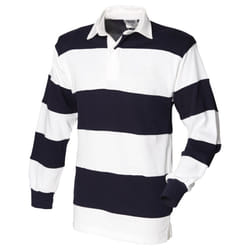 ) Front Row Sewn Stripe Long Sleeve Sports Rugby Polo Shirt - S, White & Navy (White collar