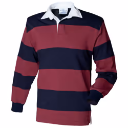 Front Row Sewn Stripe Long Sleeve Sports Rugby Polo Shirt - S, Burgundy/Navy