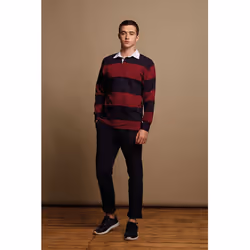 Front Row Sewn Stripe Long Sleeve Sports Rugby Polo Shirt - S, Burgundy/Navy