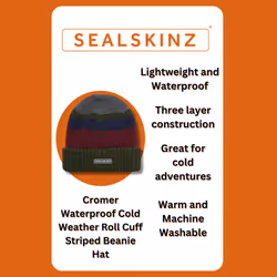Sealskinz - Mens & Ladies Waterproof Thermal Roll Cuff Striped Beanie Hat - XXL, Cream/Blue/Brown/Grey