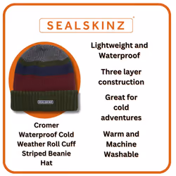 Sealskinz - Mens & Ladies Waterproof Thermal Roll Cuff Striped Beanie Hat - XXL, Cream/Blue/Brown/Grey