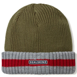Sealskinz Unisex Holkham Waterproof Striped Roll Cuff Beanie - S/M, Olive/Red