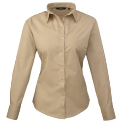 Premier Womens/Ladies Poplin Long Sleeve Blouse / Plain Work Shirt - 16, Khaki