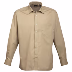 Premier Mens Long Sleeve Formal Plain Work Poplin Shirt - 17, Khaki
