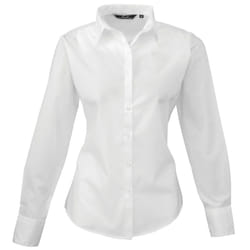 Premier Womens/Ladies Poplin Long Sleeve Blouse / Plain Work Shirt - 12, White