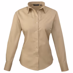 Premier Womens/Ladies Poplin Long Sleeve Blouse / Plain Work Shirt - 10, Khaki