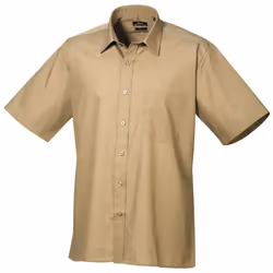 Premier Mens Short Sleeve Formal Poplin Plain Work Shirt - 17.5, Khaki