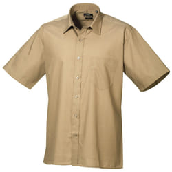 Premier Mens Short Sleeve Formal Poplin Plain Work Shirt - 17, Khaki