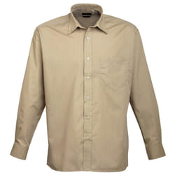 Premier Mens Long Sleeve Formal Plain Work Poplin Shirt - 19, Khaki