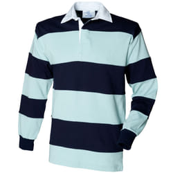 Front Row Sewn Stripe Long Sleeve Sports Rugby Polo Shirt - S, Duck Egg/Navy