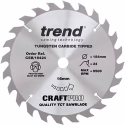 Trend CSB/18424 Craft Pro General Purpose TCT Circular Saw Blade, 184mm x 24 Teeth x 16mm Bore, Tungsten Carbide Tipped