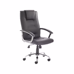 A budget leather exec chair packed with design highlights and comfort factors. The Thrift features lumbar pad. chrome and lea ...