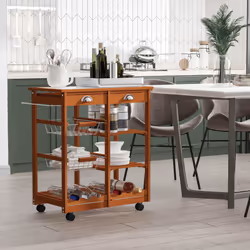 HOMCOM Rolling Kitchen Island Trolley Serving Cart with Basket, Honey Colour