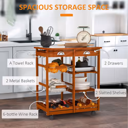 HOMCOM Rolling Kitchen Island Trolley Serving Cart with Basket, Honey Colour