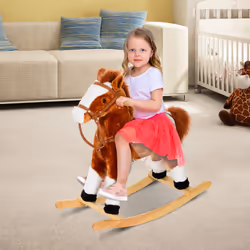 HOMCOM Rocking Horse Toy Plush Wood Pony Riding Rocker Neigh Sound Brown