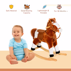 HOMCOM Rocking Horse Toy Plush Wood Pony Riding Rocker Neigh Sound Brown