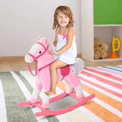 HOMCOM Rocking Horse Toy Plush Wood Pony Riding Rocker Neigh Sound Pink