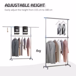 HOMCOM Garment Rail Adjustable Portable Clothes Hanging Stand Rack Wheels