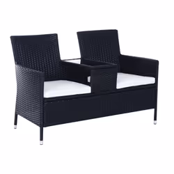 Wicker Love Seat With Cushions - Black | Rattan 2 Seater Garden Bench