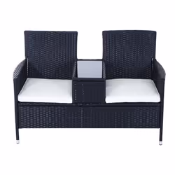 Wicker Love Seat With Cushions - Black | Rattan 2 Seater Garden Bench