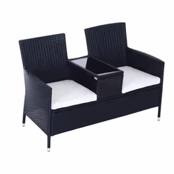 Wicker Love Seat With Cushions - Black | Rattan 2 Seater Garden Bench
