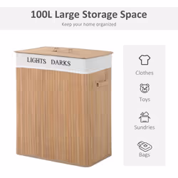 HOMCOM 100L Laundry Hamper Large 100L Double Washing Clothes Basket Natural