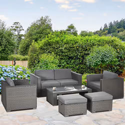 Outsunny 6pc Garden Furniture Set Rattan Sofa Outdoor Wicker Table Ottoman Stool