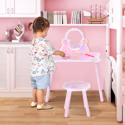 HOOMCOM Girls Kids Pink Dressing Table Make Up Play Set Desk Chair Mirror Wooden