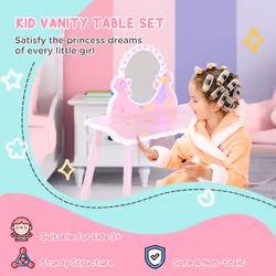 HOOMCOM Girls Kids Pink Dressing Table Make Up Play Set Desk Chair Mirror Wooden