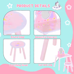 HOOMCOM Girls Kids Pink Dressing Table Make Up Play Set Desk Chair Mirror Wooden