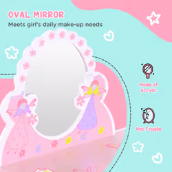 HOOMCOM Girls Kids Pink Dressing Table Make Up Play Set Desk Chair Mirror Wooden - Additional view 4